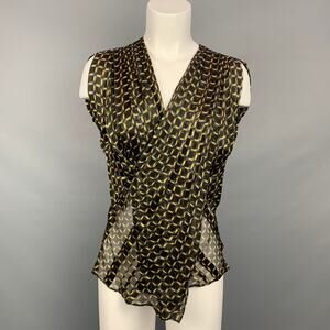 DEREK LAM Size 0 Black & Gold Windowpane Silk Draped V-neck Blouse